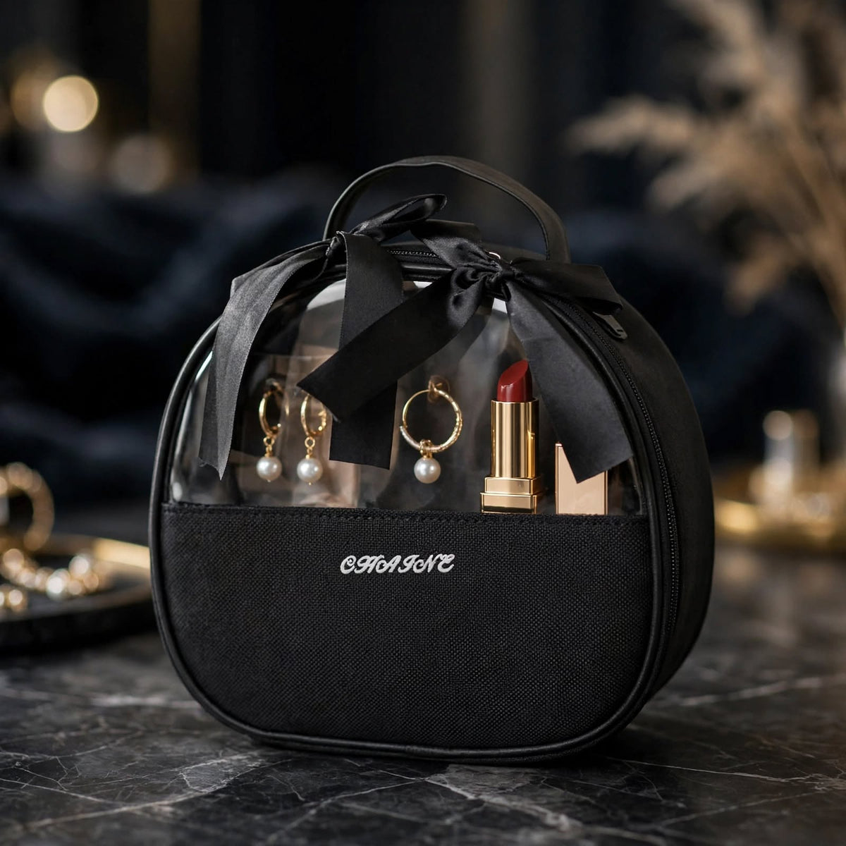 ZORANI Noire Bow - Transparent Luxury Vanity Pouch.