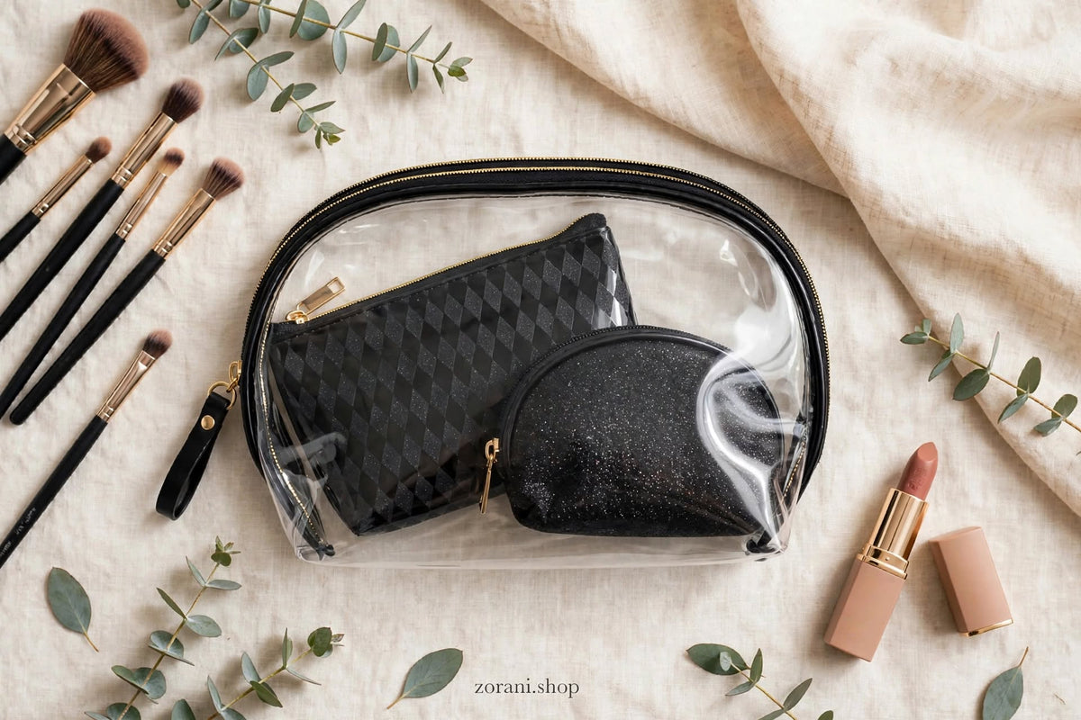 ZORANI 3-in-1 Transparent Makeup Bag Set - Waterproof Travel Organizer.