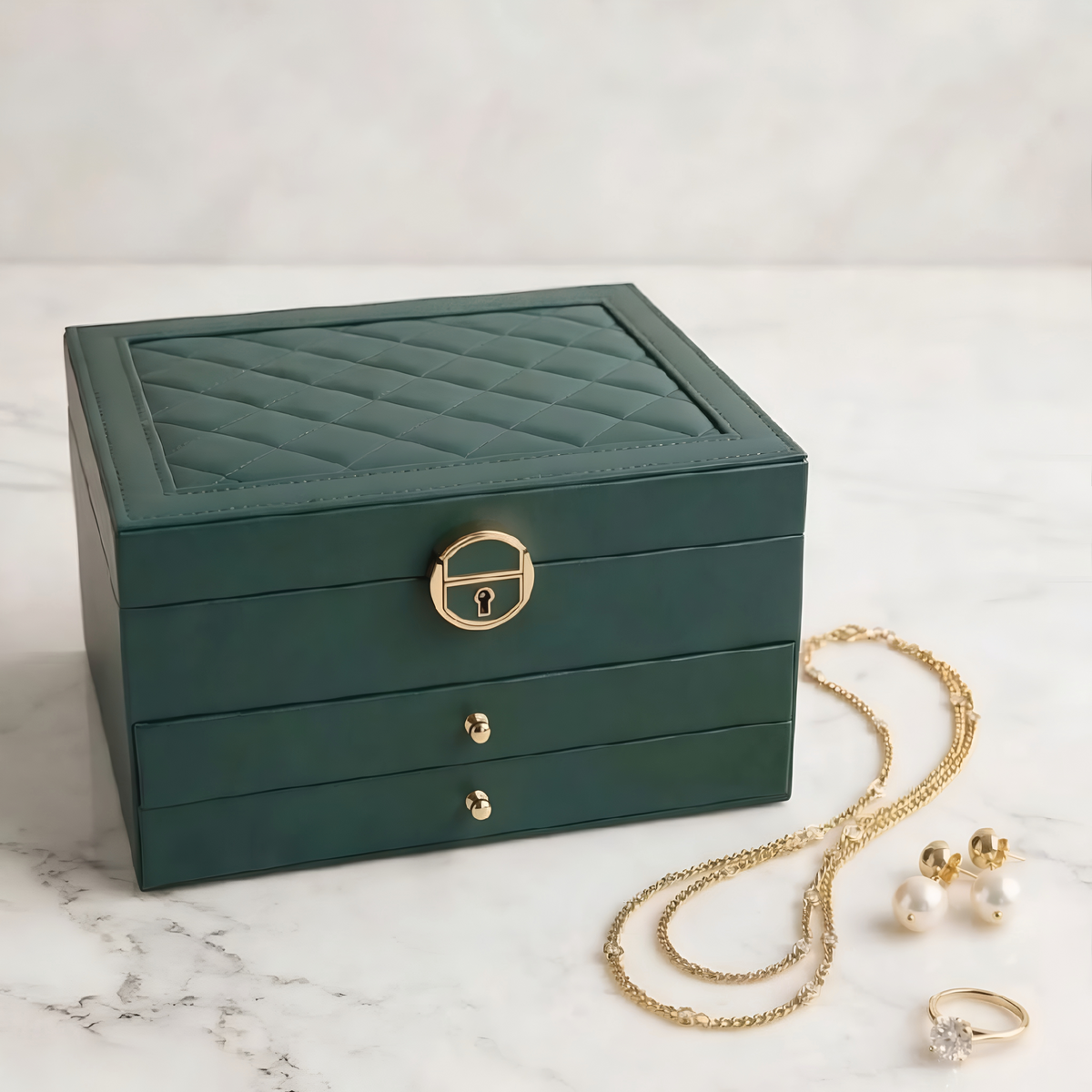 ZORANI Emerald Green Quilted 3-Tier Luxury Jewelry Box with Gold Lock - zorani.shop