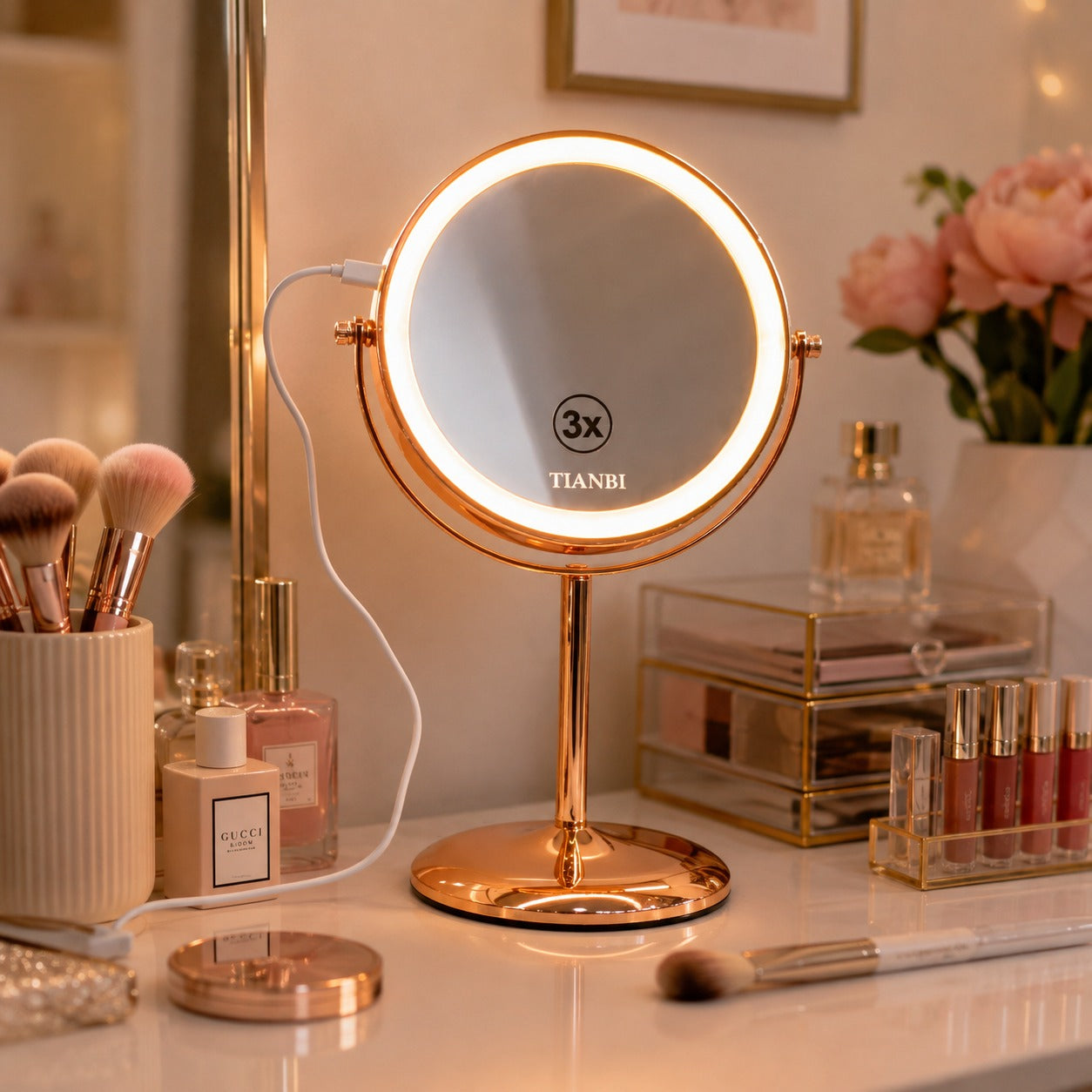 TIANBI Rose Gold Double-Sided LED Lighted Makeup Mirror