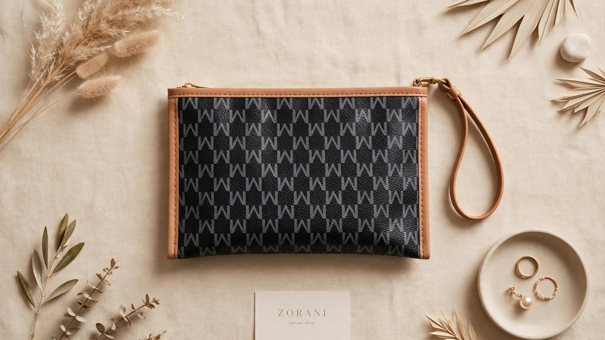ZORANI Luxe Monogram Wristlet Clutch in Black and Tan - lifestyle flat lay