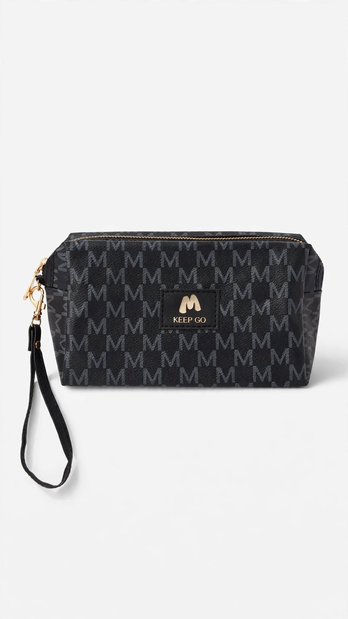 Close up of Zorani black M monogram cosmetic pouch with gold zipper and Keep Go logo - premium PU leather makeup bag for girls