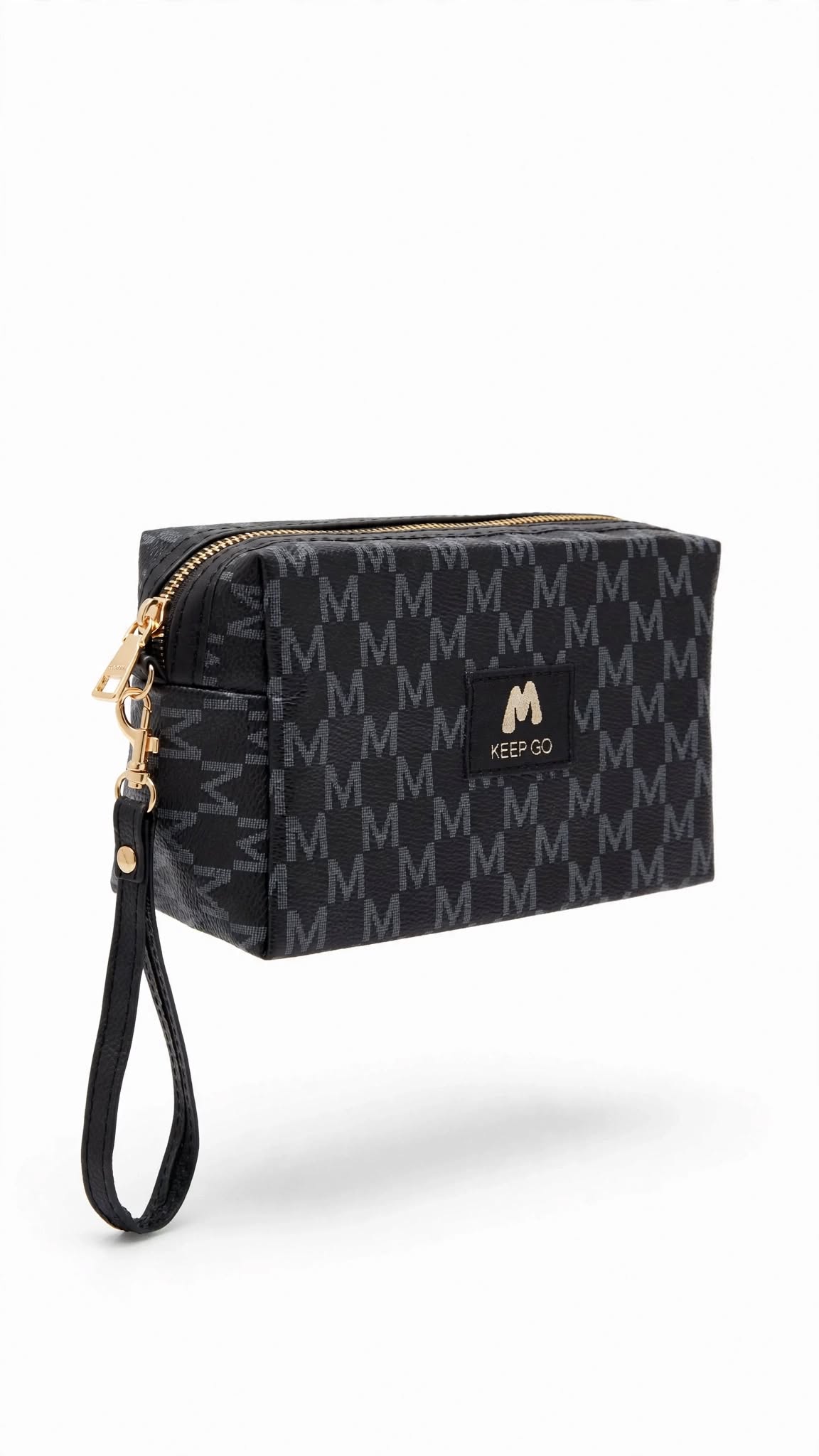 Zorani luxury makeup bag for women front angle view showing spacious design and gold Keep Go plaque - small clutch bag
