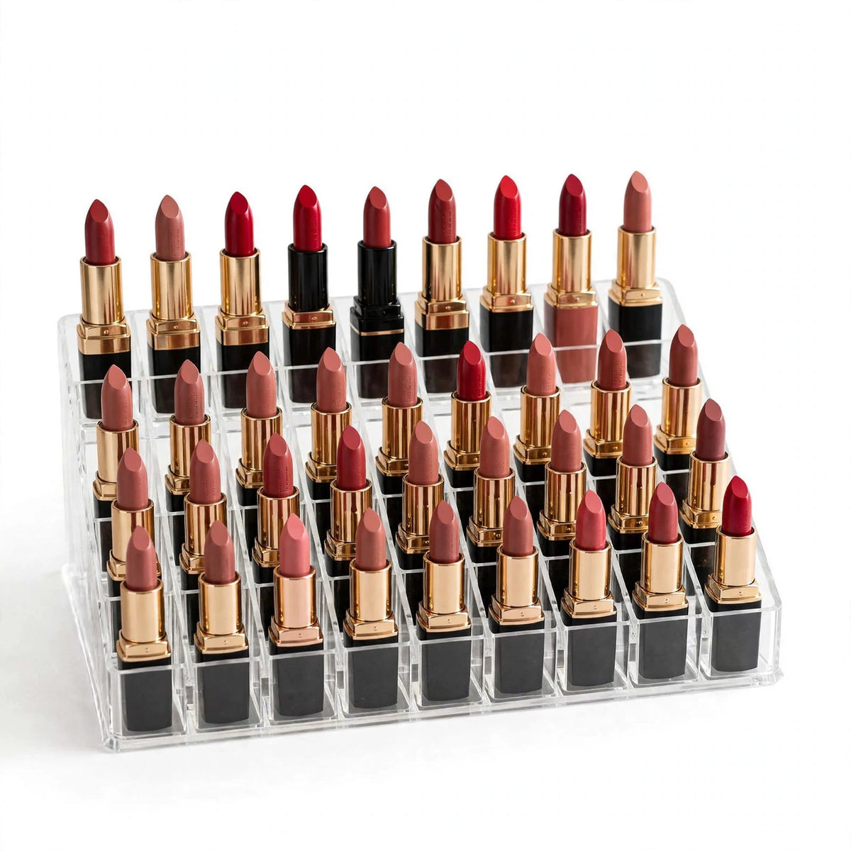 Acrylic lipstick organizer with 36 lipsticks displayed in stepped design