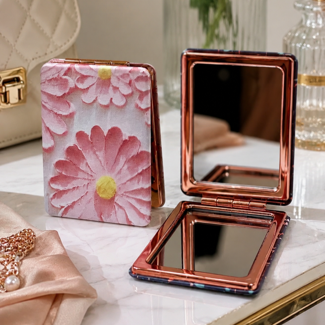 Pink Floral Textured PU Leather Folding Compact Vanity Mirror