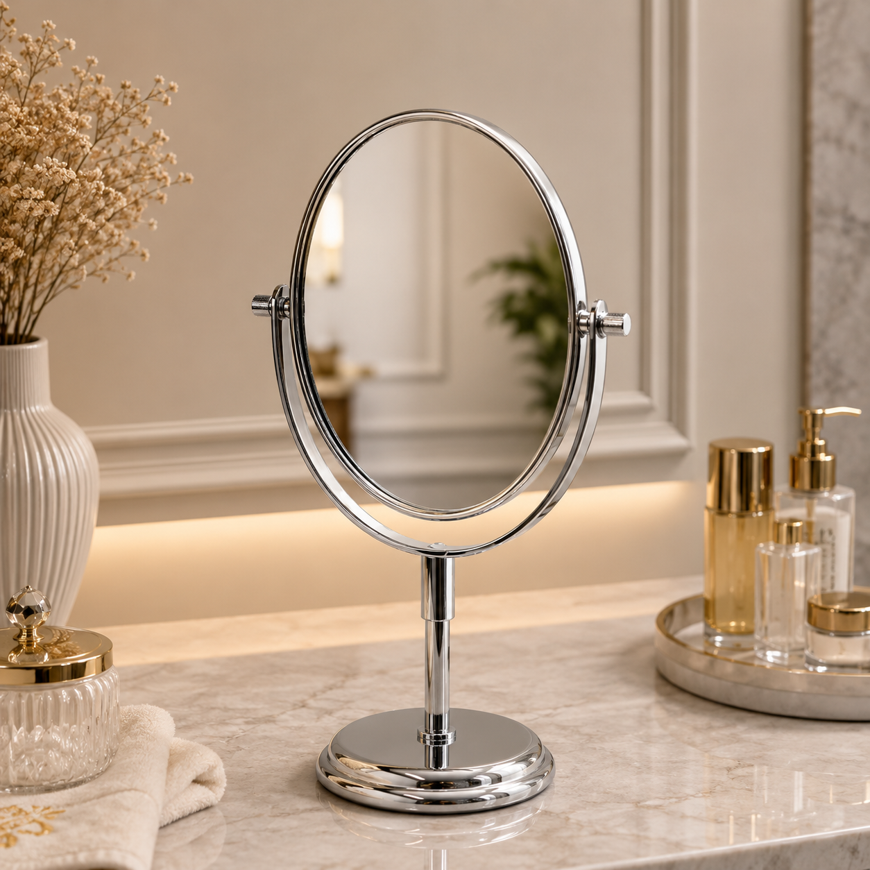 Polished Chrome Double-Sided Rotating Oval Vanity Mirror