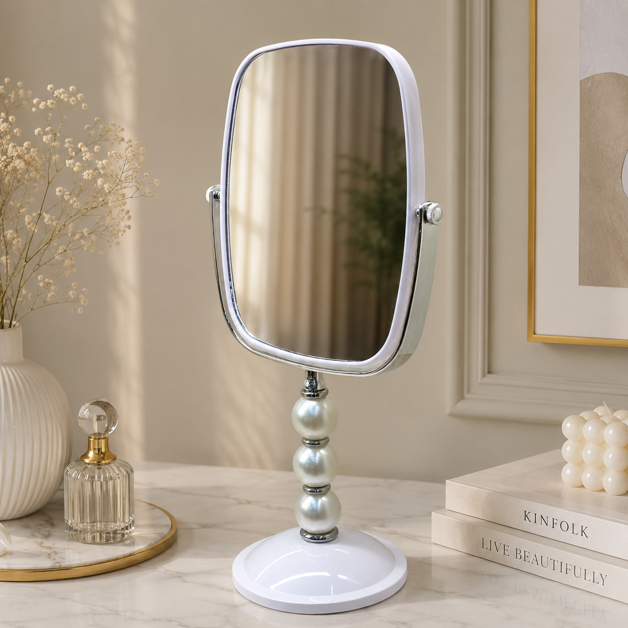 Elegant White Pearl-Accent Tabletop Vanity Mirror