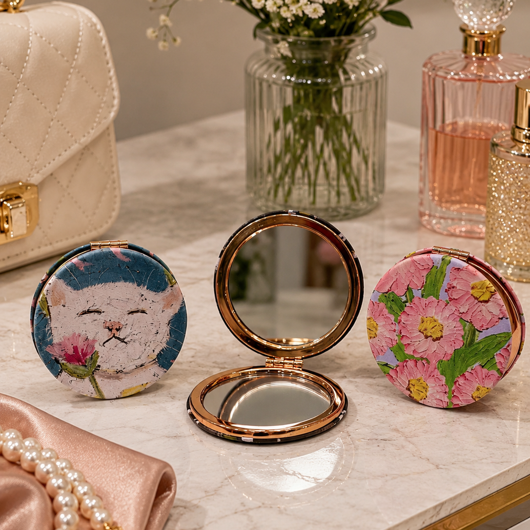 Round Portable Double-Sided Folding Pocket Makeup Mirrors