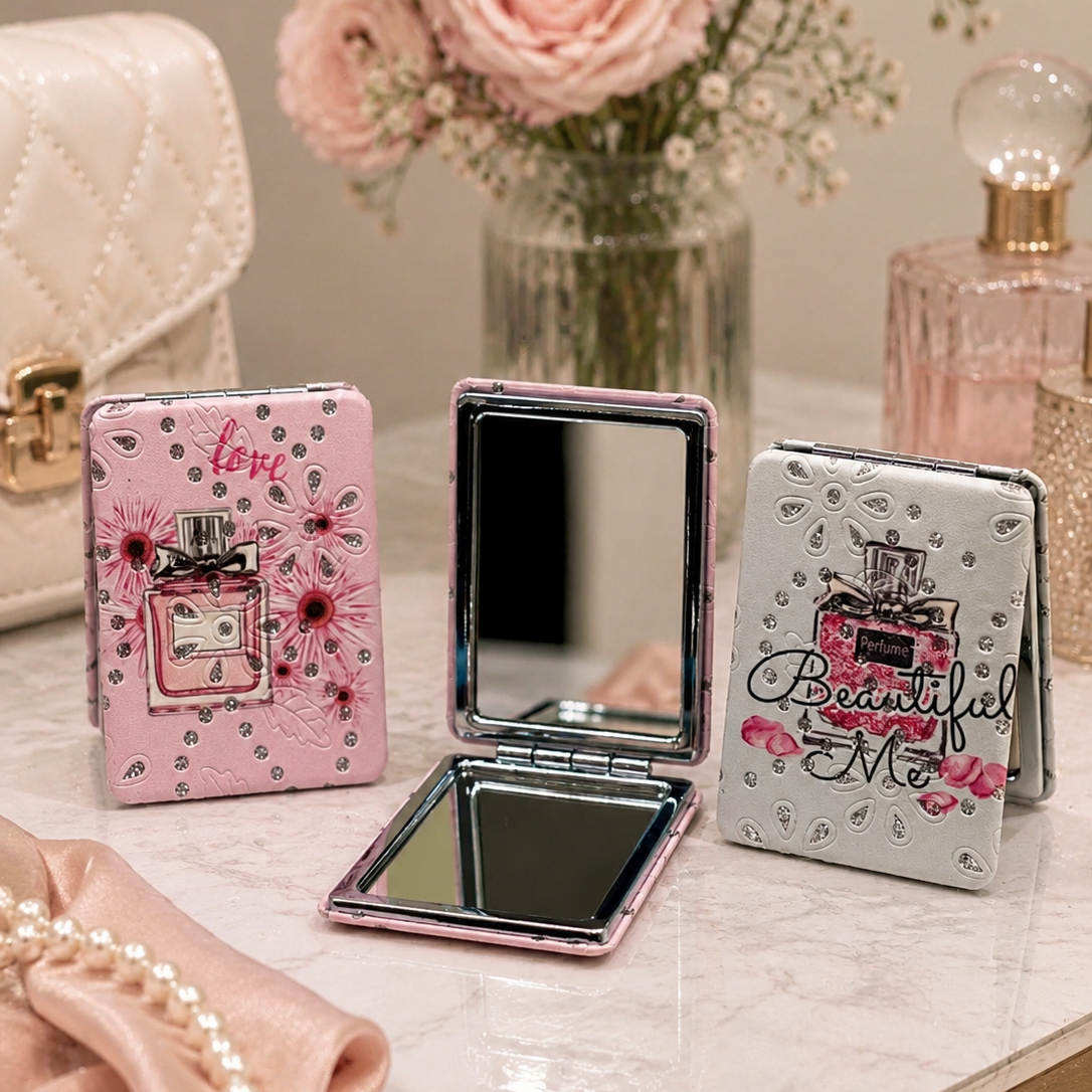 Rhinestone Perfume Bottle Folding Double-Sided Pocket Makeup Mirror