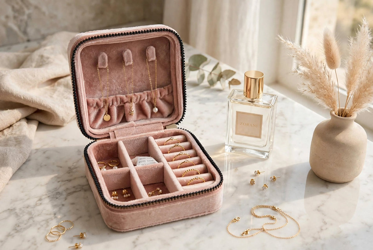 Léora - Velvet Travel Jewelry Box with Mirror | Quilted Jewelry Organizer Case