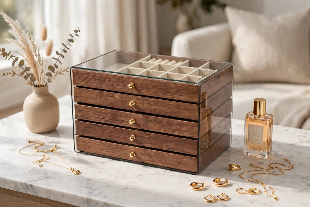 Zorani 5-layer walnut wood jewelry box with glass lid on marble vanity with gold jewelry and perfume