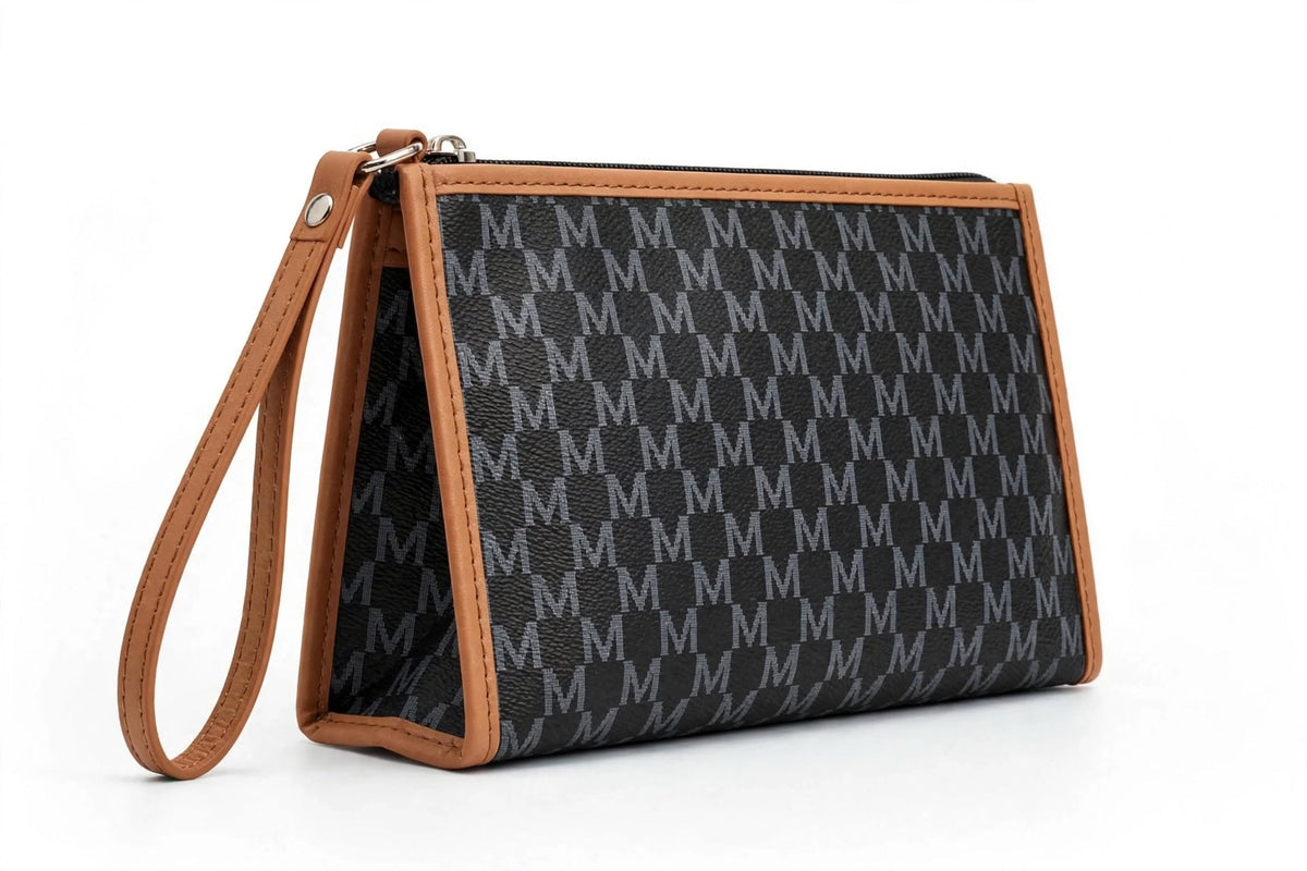 ZORANI black monogram wallet clutch with wrist strap - front view