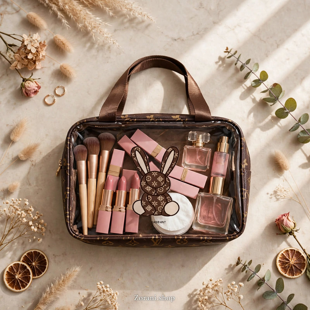 ZORANI.SHOP Bunny Chic clear transparent makeup bag filled with skincare and makeup brushes, organized beauty pouch