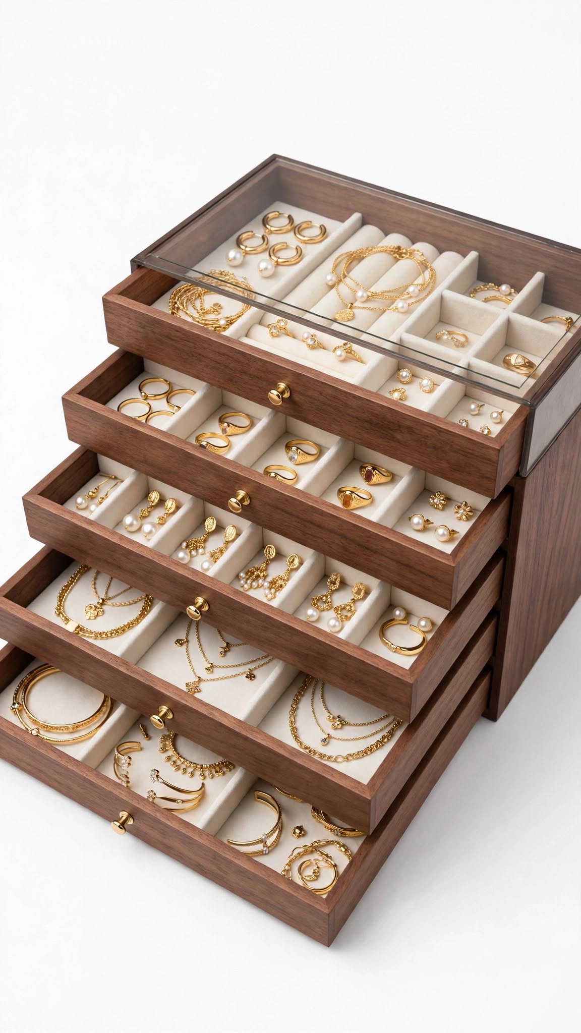 Open 5-layer walnut jewelry organizer box showing organized gold rings earrings necklaces bracelets in velvet compartments