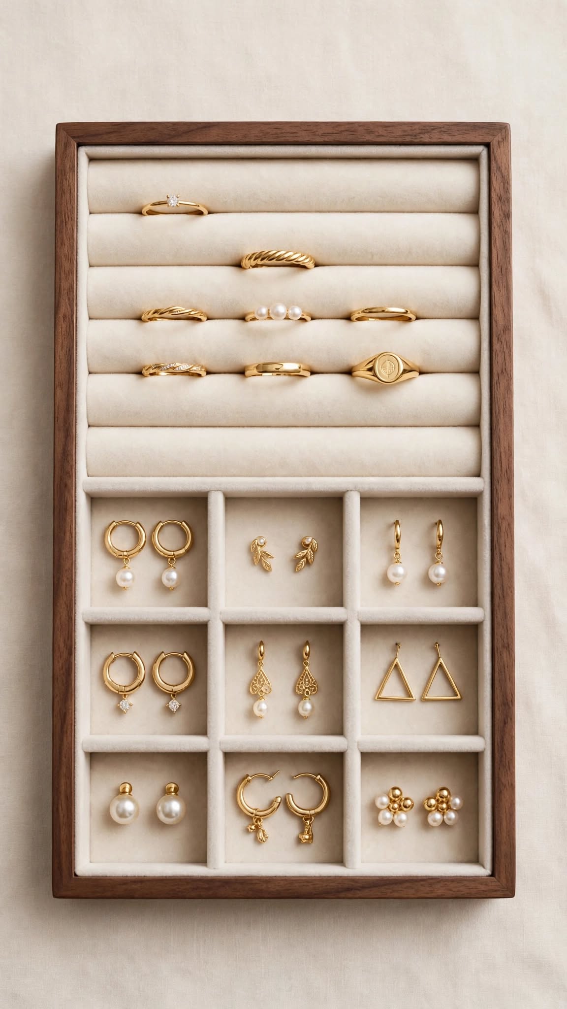Top view of Zorani jewelry box top drawer with 5 ring rolls and 9 compartments for rings and earrings in beige velvet