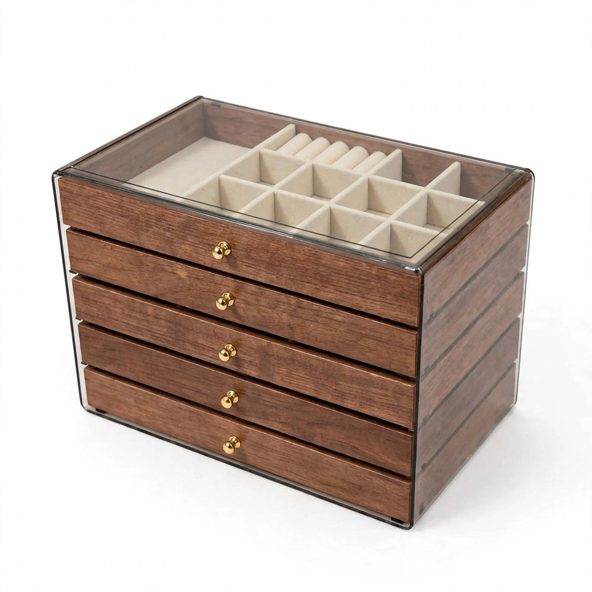 Zorani 5-layer luxury walnut wood jewelry box with clear glass top and gold knobs - closed front view on white background