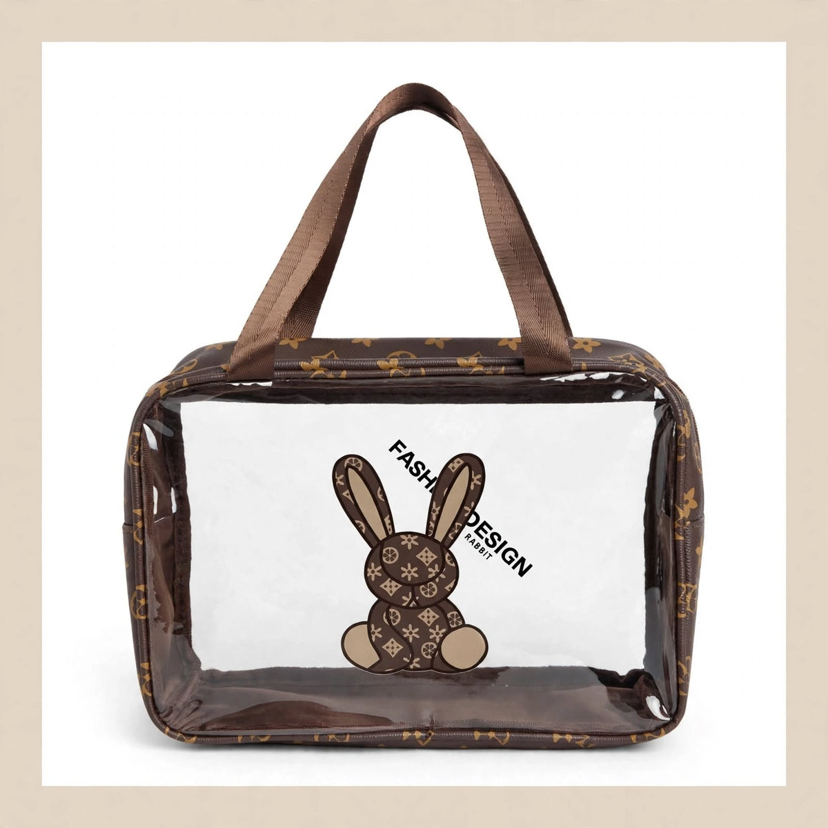 Front view of ZORANI brown monogram transparent makeup bag with cute rabbit print and top handles