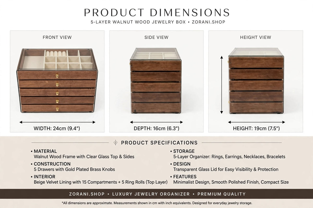 Product dimensions and specifications infographic for Zorani 5-layer walnut wood jewelry box - 24cm width 16cm depth 19cm height
