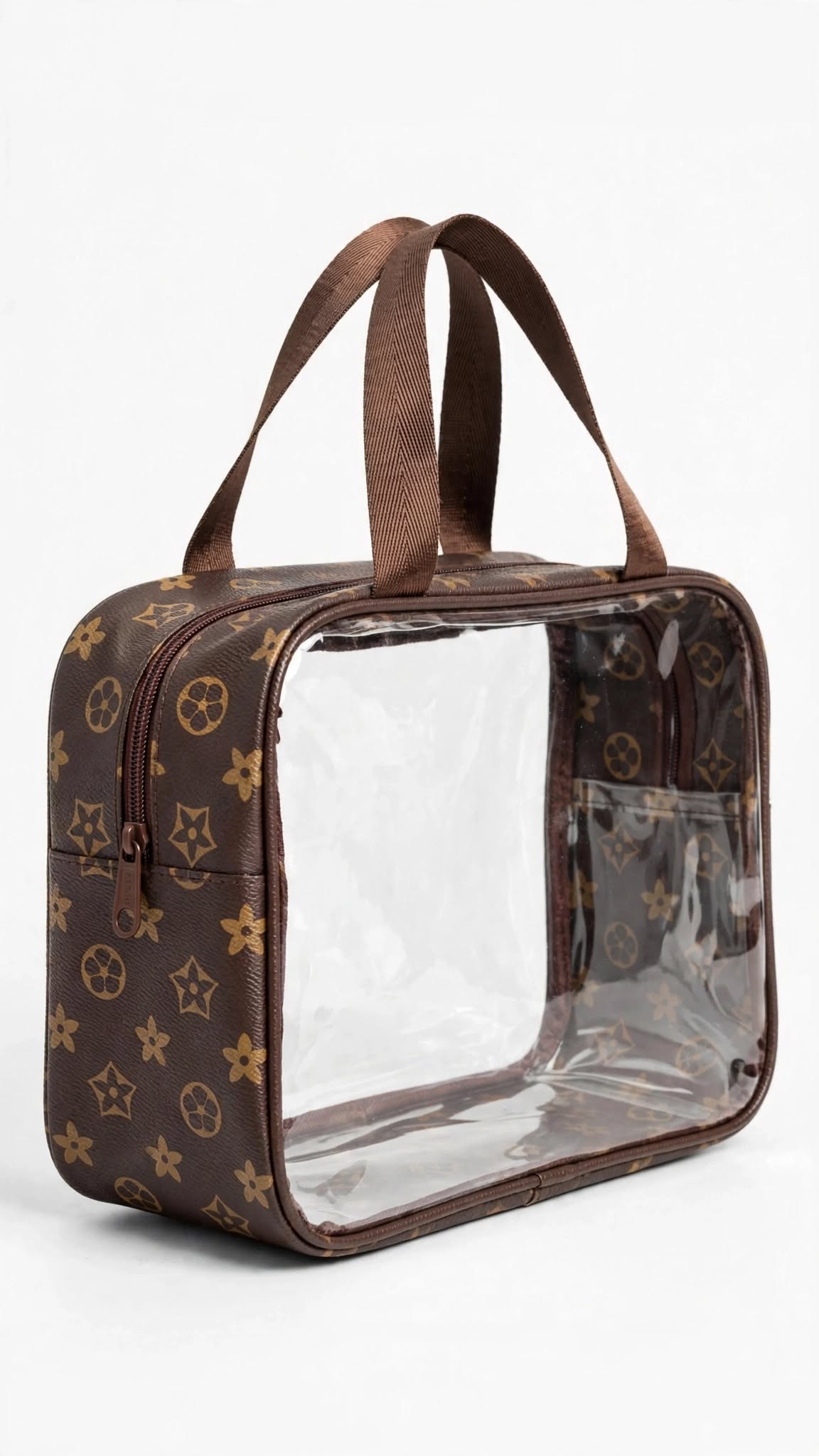 Side angle of ZORANI waterproof clear PVC cosmetic organizer bag showing zipper and spacious design