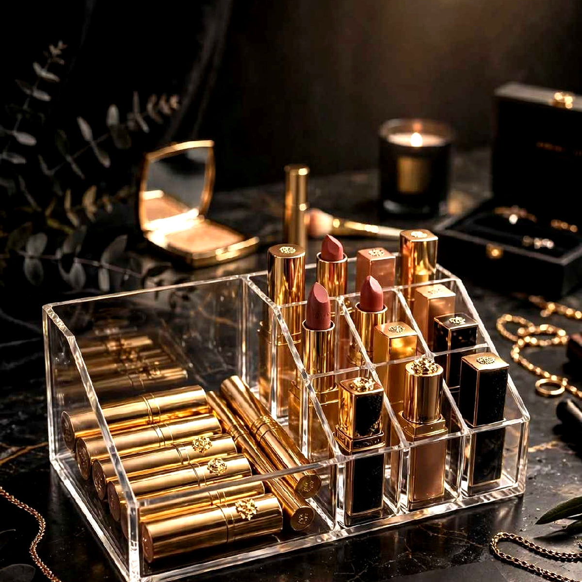 Clear acrylic 12-slot lipstick organizer holding gold luxury lipsticks on black marble vanity - ZORANI.SHOP
