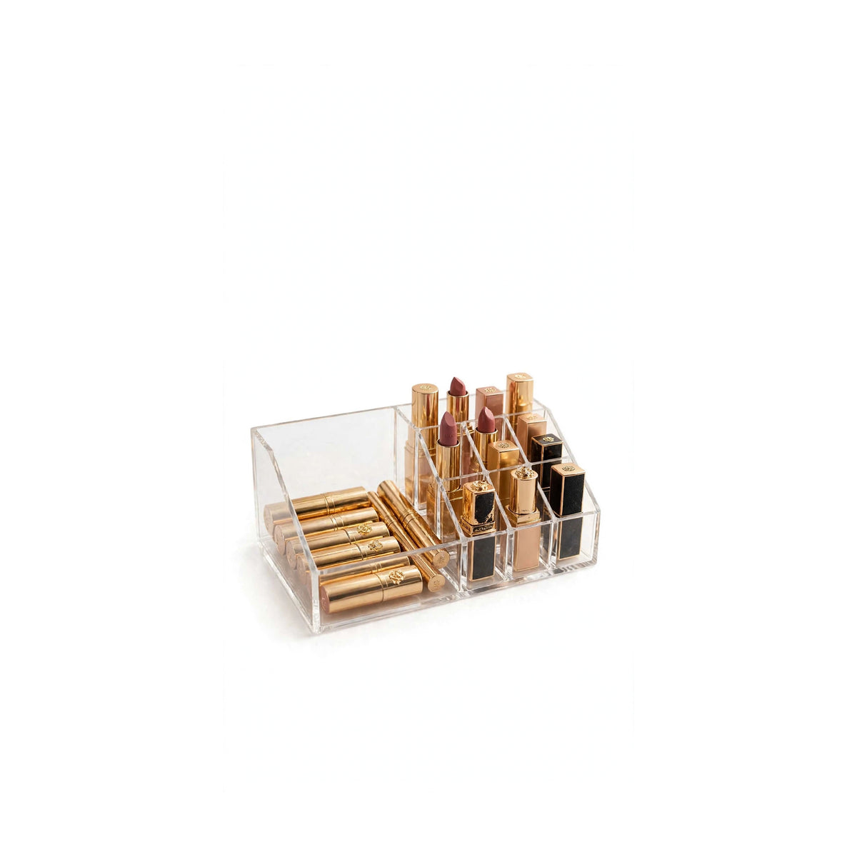 Transparent acrylic lipstick organizer stand with 12 compartments and front tray - isolated on white background
